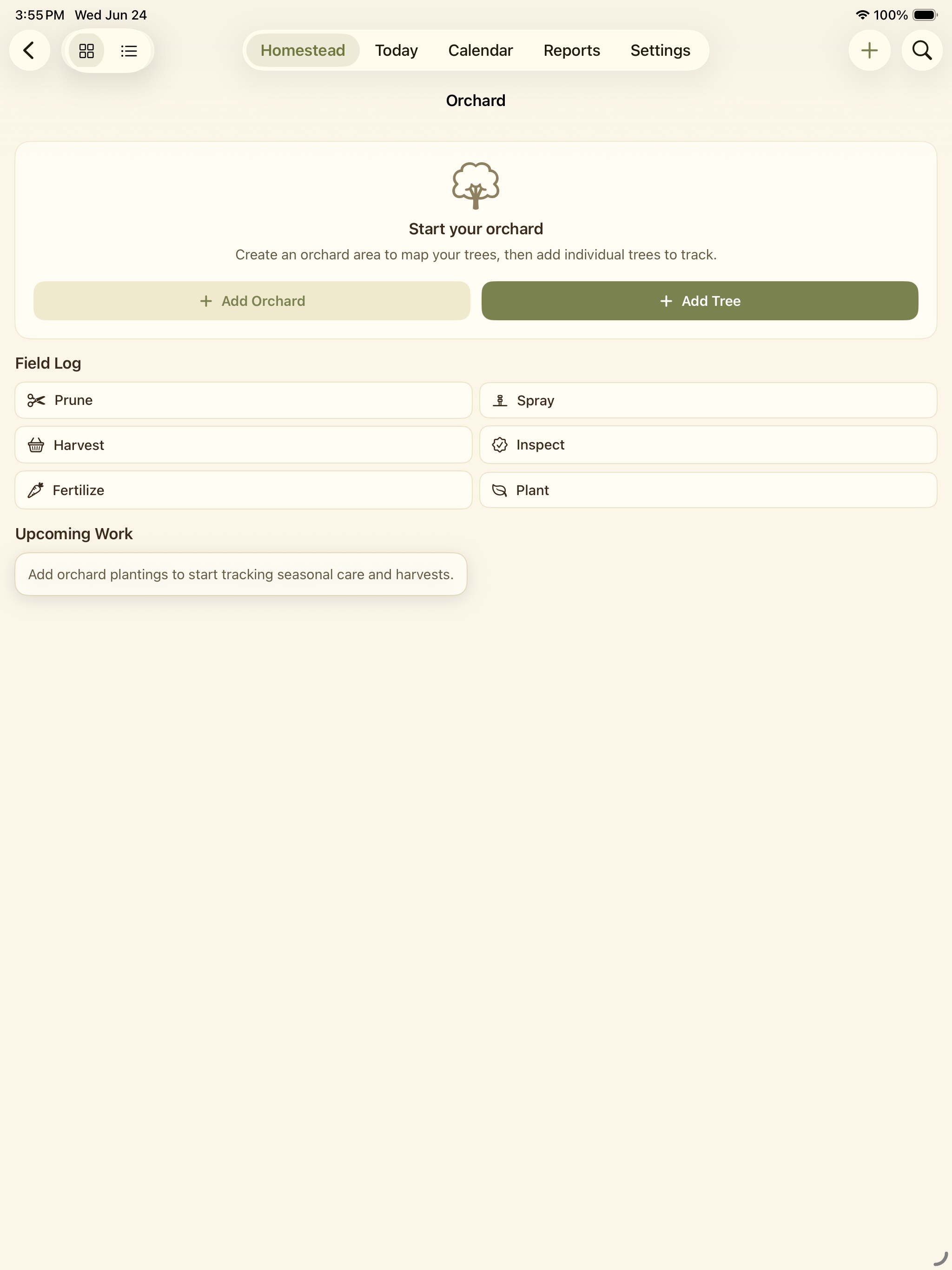 Orchard screen with empty state and options to add orchard plants or layout details.